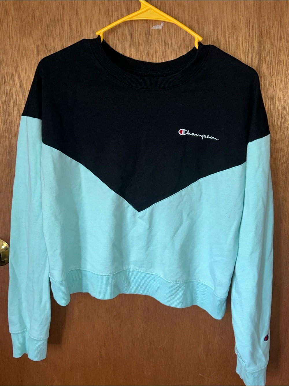 Champion size large shirt top pullover sweater crewneck color block teal black
